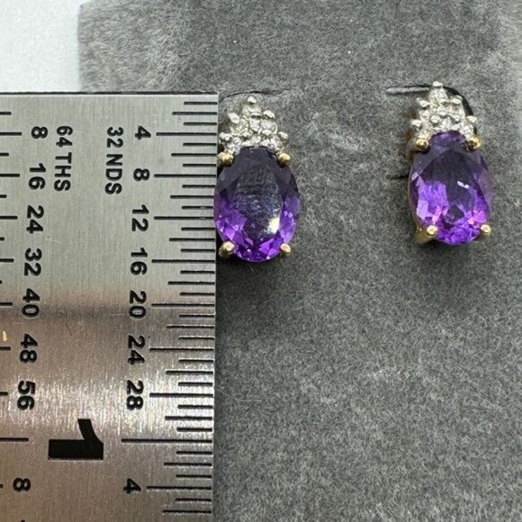 14K Yellow Gold Amethyst Diamond Earrings Studs Oval Pierced New Classic 90s - Picture 6 of 8